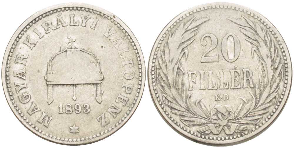 Венгрия 20 филлеров 1893 KB, Франц Иосиф I (1848-1916) KM 483 никель 117-812
