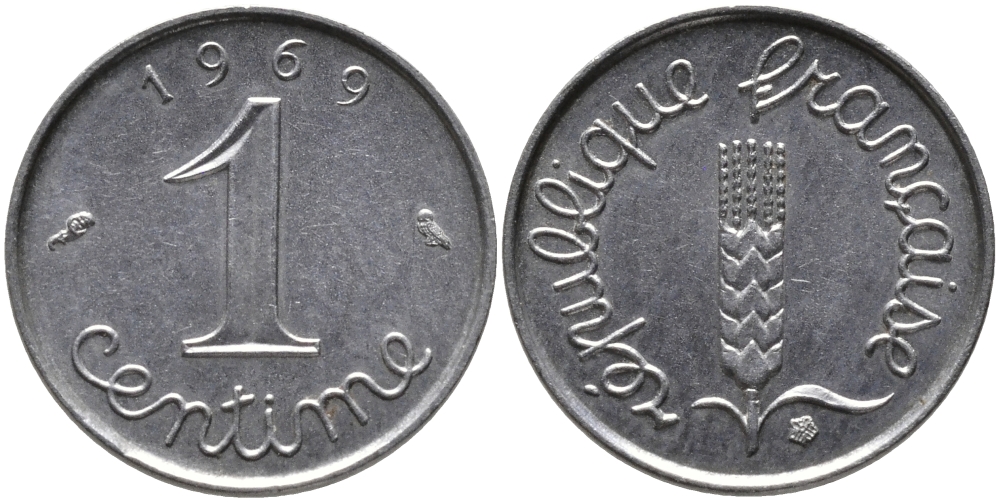 ФРАНЦИЯ 1 САНТИМ 1969 KM 928 хромированная сталь 99-1112