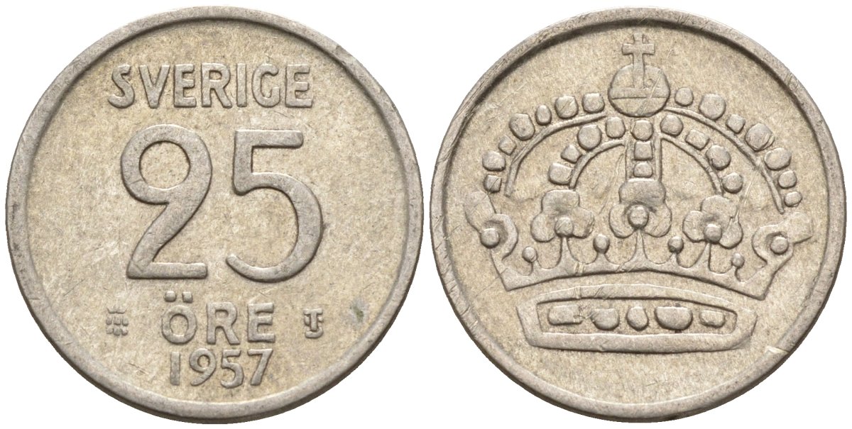 Швеция 25 эре 1957 TS, Густав VI Адольф (1950-1973) KM 824 серебро 4147-1055
