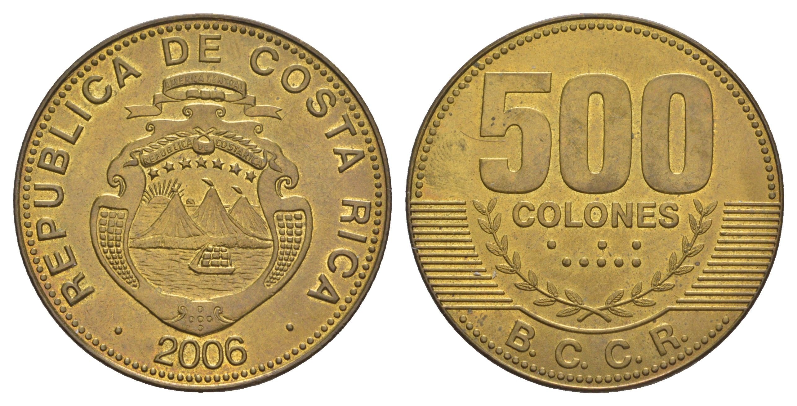 Коста-Рика 500 колонов 2006 KM 239.1a сталь плакированная латунью UNC 4645-335