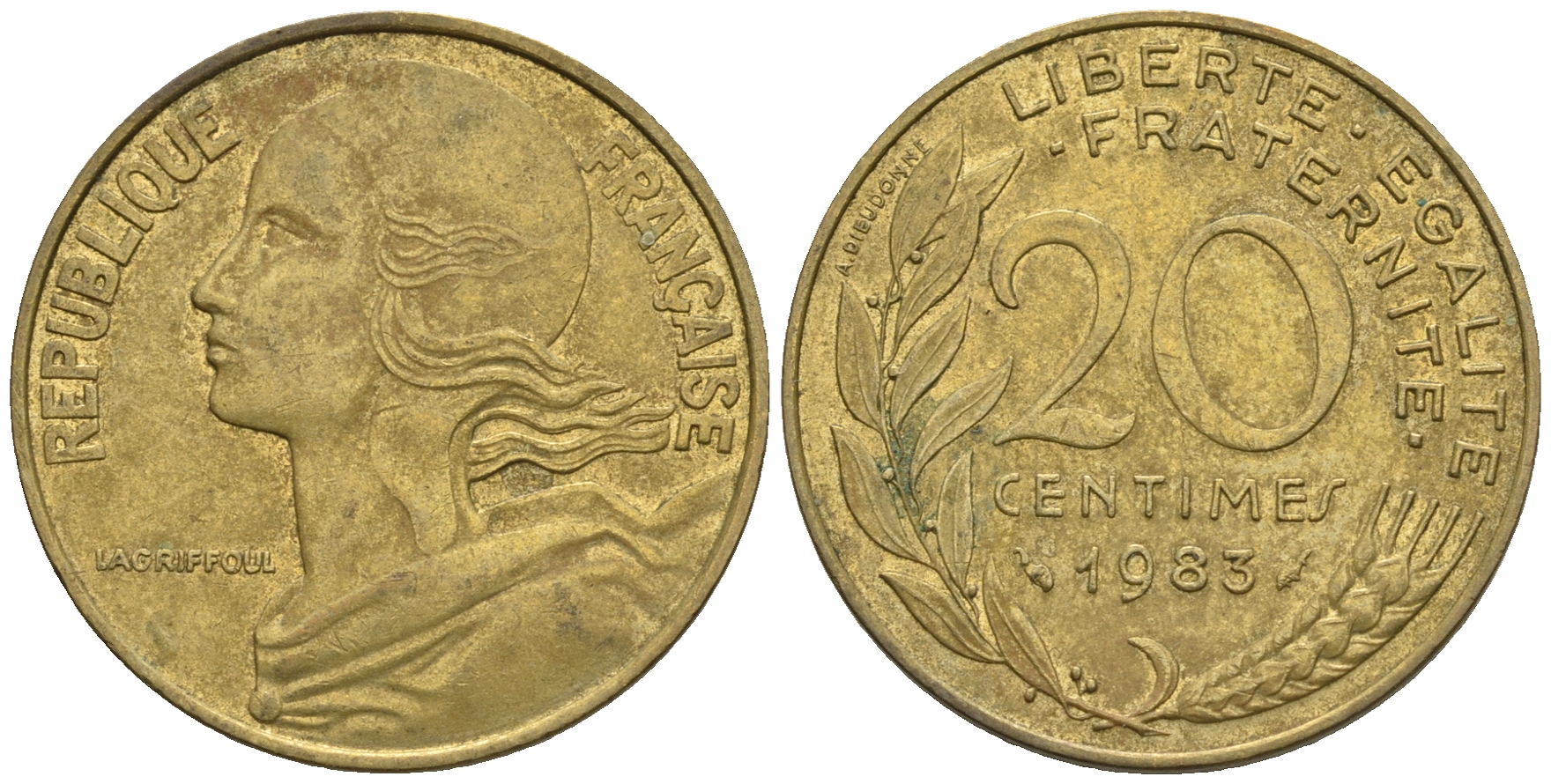 Франция 20 сантимов 1983 тип Marianne KM 930 медь алюминий никель 85-121