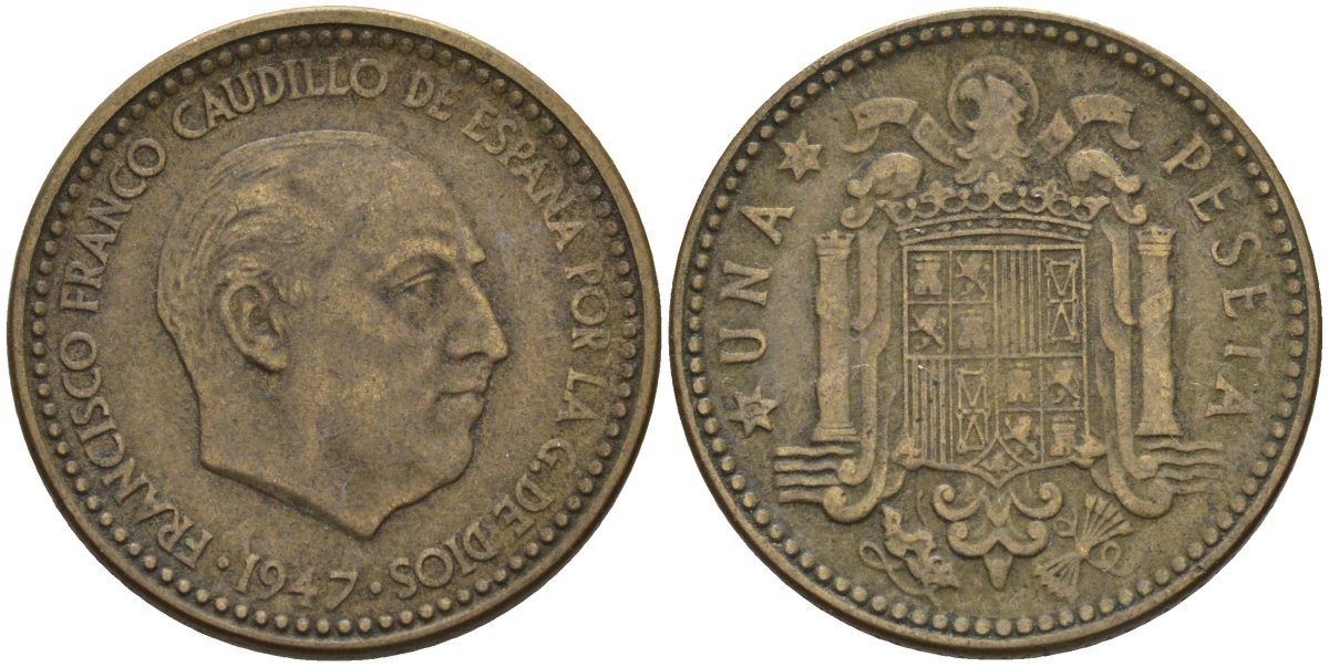 Испания 1 песета 1947 (54) Франсиско Франко (1939 - 1975) KM 775 алюминиевая бронза 4155-326