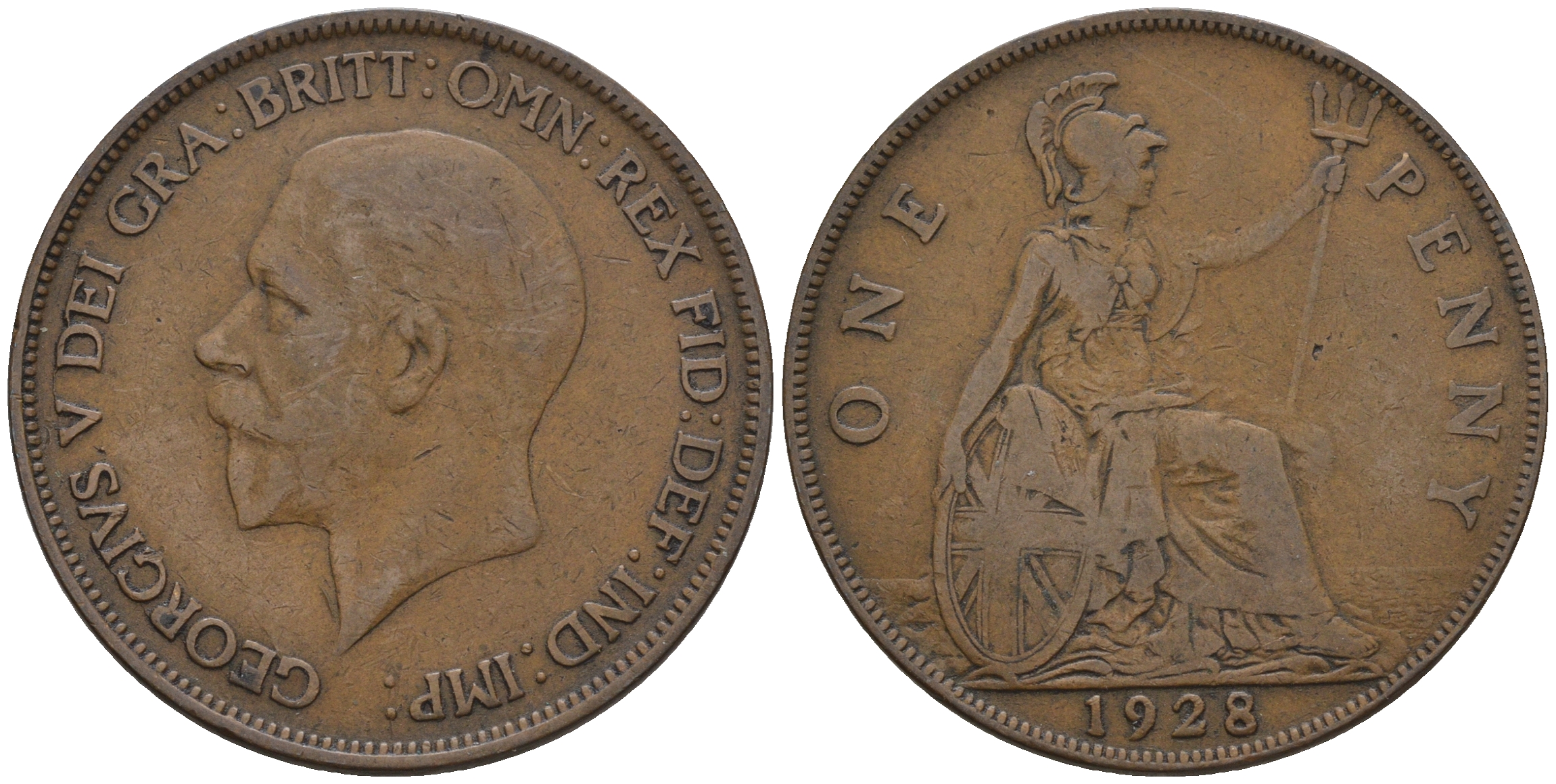 Великобритания 1 пенни 1928 Георг V (1910-1936) КМ 826, Spink 4054 бронза 4607-1223