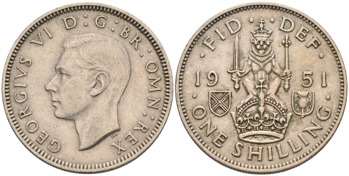 Великобритания 1 шиллинг 1951 Георг VI (1936-1952), Шотландский герб KM 877, Spink 4109 медно-никель 4126-417