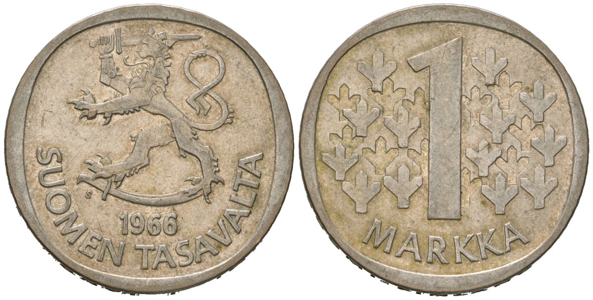 Финляндия 1 марка 1966 S KM 49 серебро 4579-1245