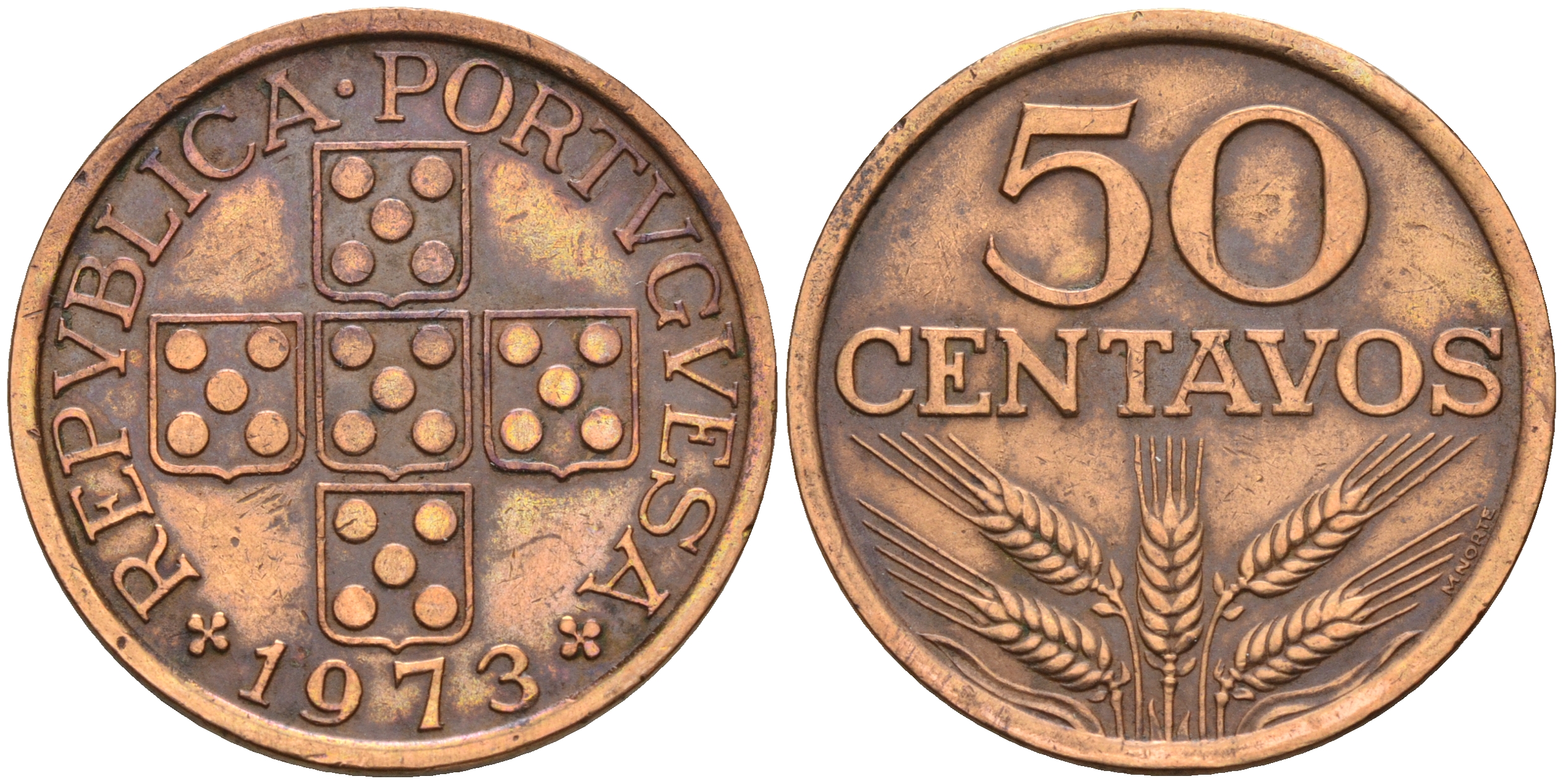 Португалия 50 сентаво 1973  KM 596 бронза    4161-721