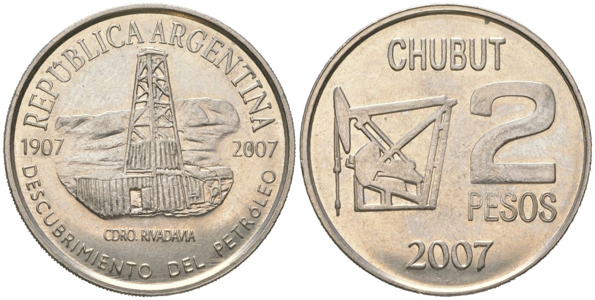 Аргентина 2 песо 2007 100 лет нахождению нефти в Аргентине KM 145 медно-никель UNC 4157-811