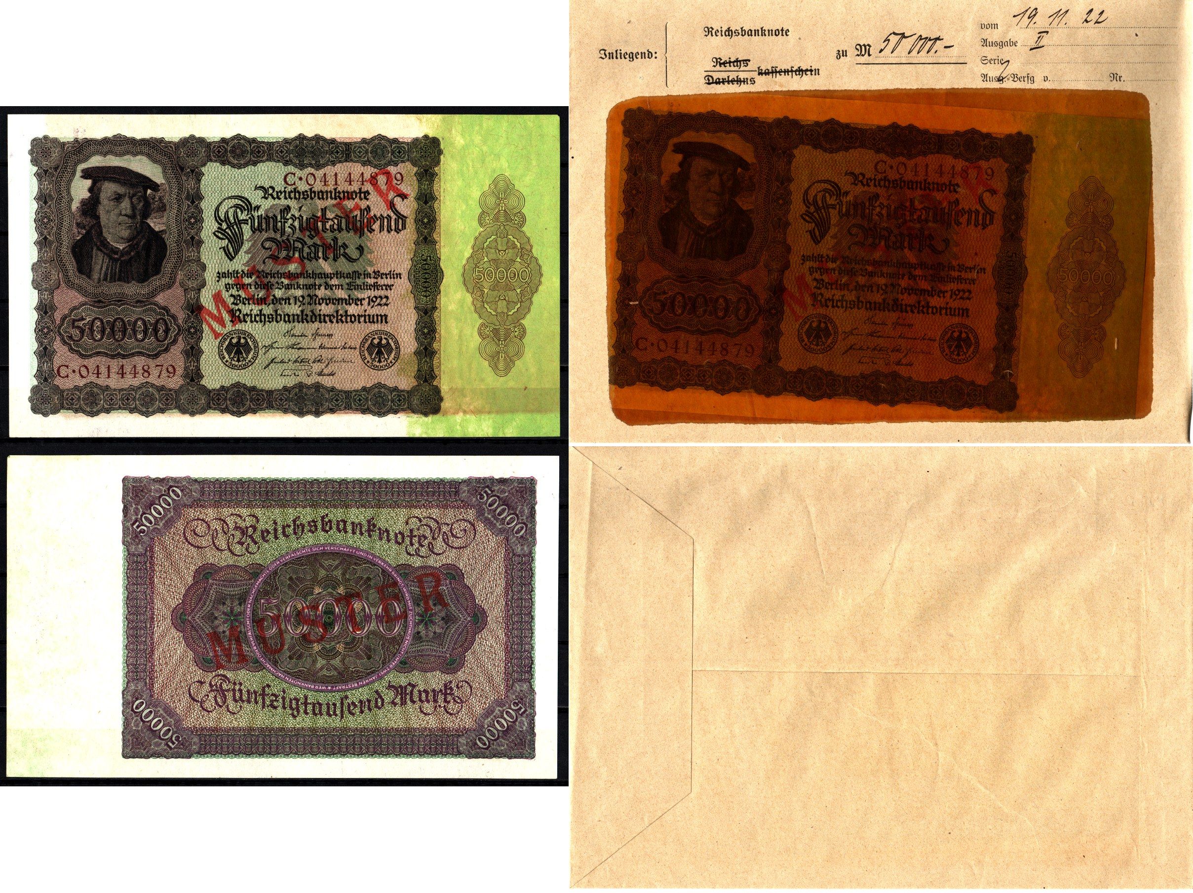 Германия 50000 марок 1922 19 ноября, MUSTER, образец, Specimen. В оригинальном банковском конверте. Из коллекции Отто Сейфферта (помощник Ялмара Шахта - министра экономики Германии и президента Рейхсбанка времен третьего рейха) Pick 80 s, Grabowski DEU 89