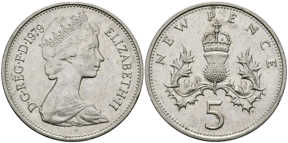 Великобритания 5 пенсов 1979 Елизавета II (1952-2022) KM 911, Spink 4233 (D1) медно-никель 94-531