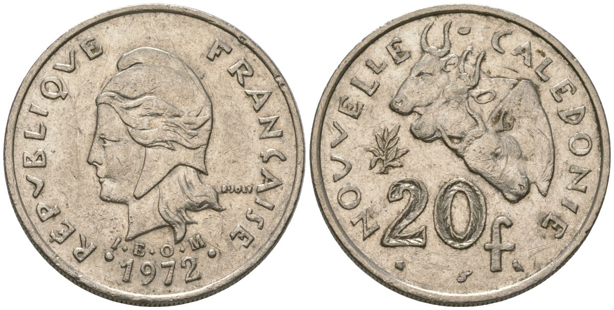 Французская Новая Каледония 20 франков 1972 три быка, (IEOM) KM 12, Schoen 14, Lec 106 никель 4120-323