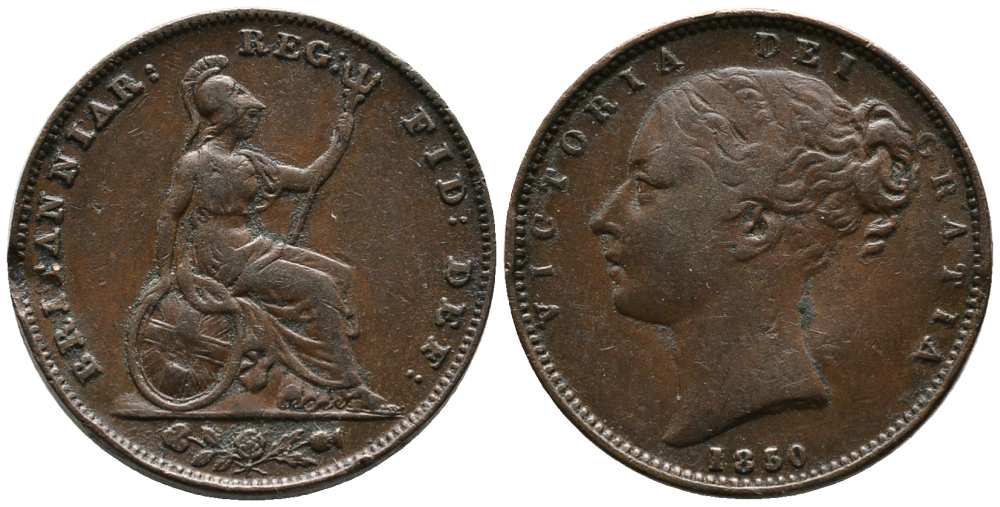 Великобритания 1 фартинг 1850 Виктория (1837-1901) KM 725, Spink 3950 медь 1518-644