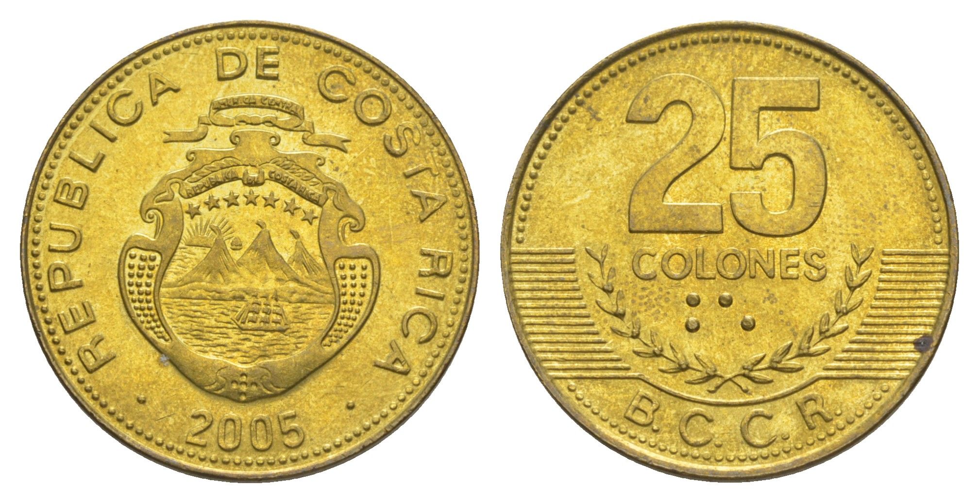 Коста-Рика 25 колонов 2005 KM 229a алюминиевая бронза UNC 4635-1146