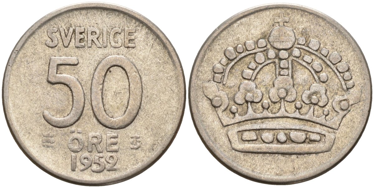 Швеция 50 эре 1952 TS, Густав VI Адольф (1950-1973) KM 825 серебро 4148-921