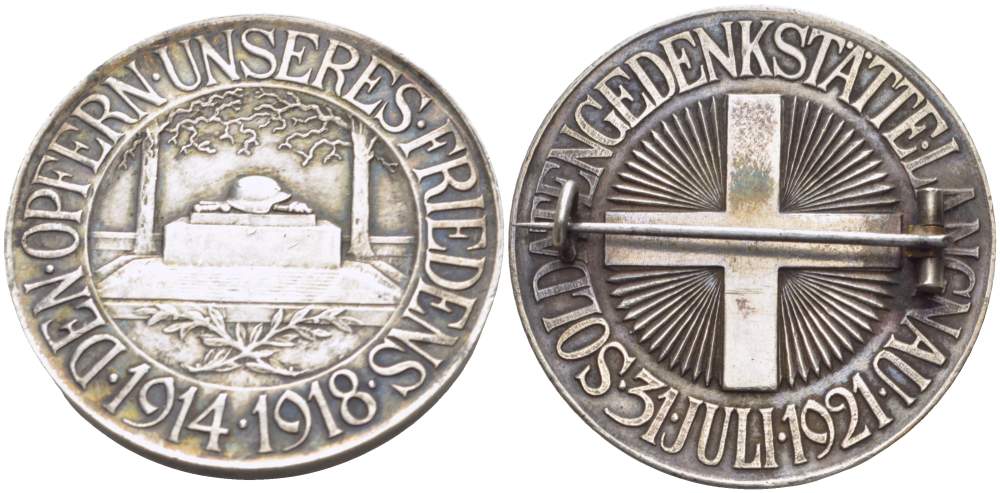 ГЕРМАНИЯ МЕДАЛЬ НА ЗАСТЁЖКЕ ДЛЯ НОШЕНИЯ 1921 ЖЕРТВАМ НАШЕГО МИРА (1914-1918), МЕМОРИАЛ В LANGNAU ПАВШИМ НЕМЕЦКИМ СОЛДАТАМ В ГОДЫ ПЕРВОЙ МИРОВОЙ ВОЙНЫ, ОТКРЫТ 31 ИЮЛЯ 1921 ГОДА, ДИАМЕТР 32,5 ММ. серебро 05-086-32