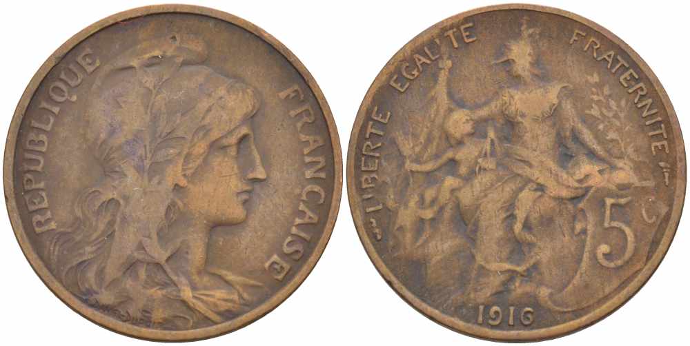 ФРАНЦИЯ 5 САНТИМОВ 1916 ТИП ДАНИЭЛЬ ДЮПЮИ KM 842, LE FRANC 119.28 бронза 108-955