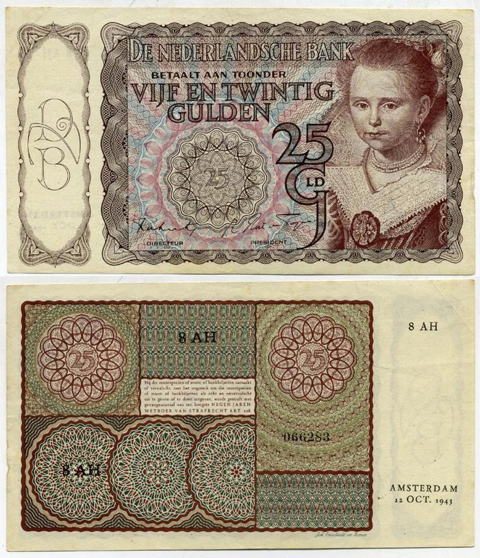 Нидерланды 25 гульденов 1943 принцесса, 12 октября 1943, 1 цифра 2 буквы 6 цифр Pick 60 бумага aUNC 451-98-2