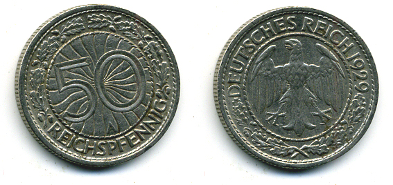 Германия 50 рейхспфеннигов 1929 А KM 49, J. 324 никель 58-545