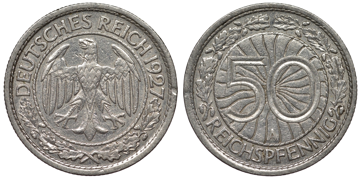 Германия 50 рейхспфеннигов 1927 A KM 49, J. 324 никель 4121-757