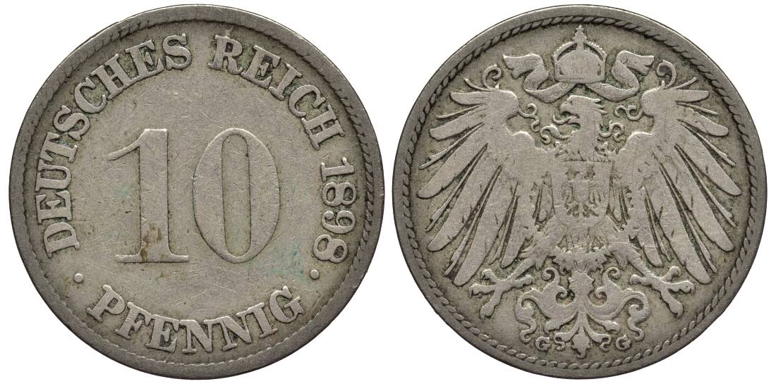 Германия 10 пфеннигов 1898 G KM 12, Jager 13, Weege 8 медно-никель 219-315