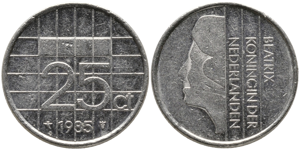 НИДЕРЛАНДЫ 25 ЦЕНТОВ 1985 БЕАТРИКС KM 204 никель 96-1258