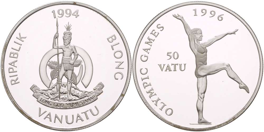Вануату 50 вату 1994 летние Олимпийские игры 1996 года в Атланте, гимнастика KM 30 серебро PROOF 1088-4-63