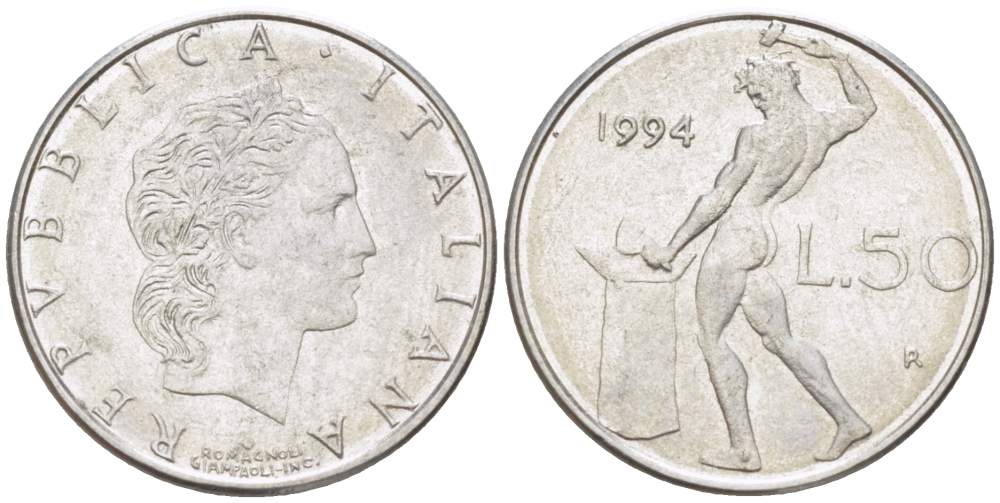 Италия 50 лир 1994 R, бог огня Вулкан у наковальни KM 95.2 нержавеющая сталь 4528-115