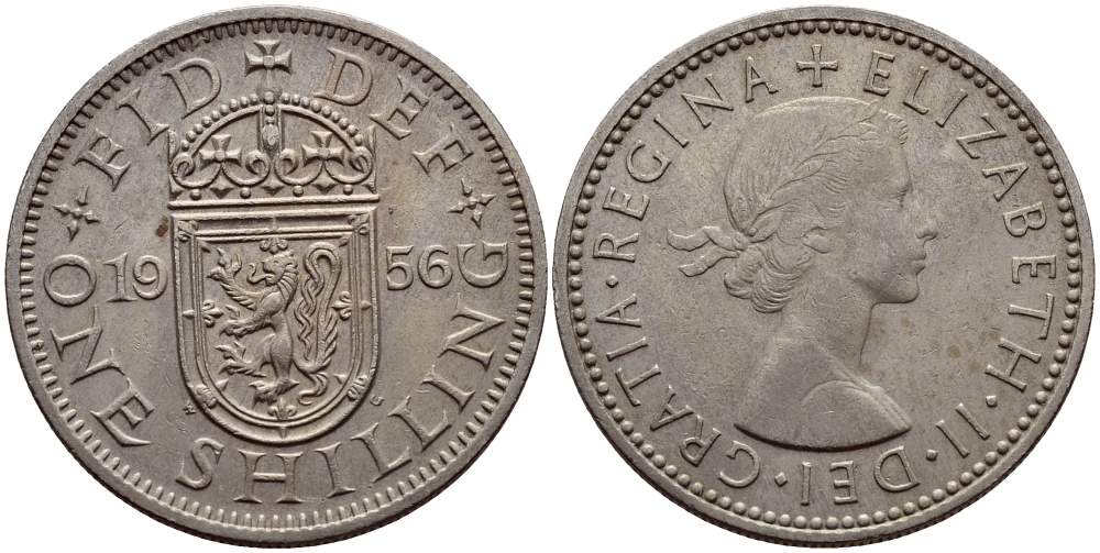 Великобритания 1 шиллинг 1956 Елизавета II (1952-2022), Шотландский герб KM 905, Spink 4148 медно-никель 75-747
