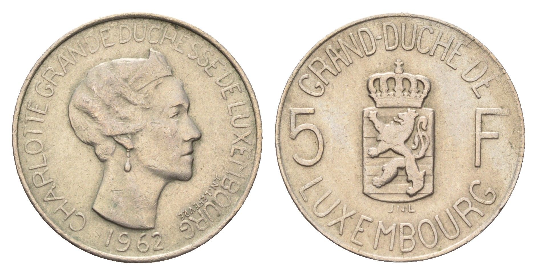 Люксембург 5 франков 1962 Великая герцогиня Шарлотта (1919-1964) KM 51 медно-никель 4671-947