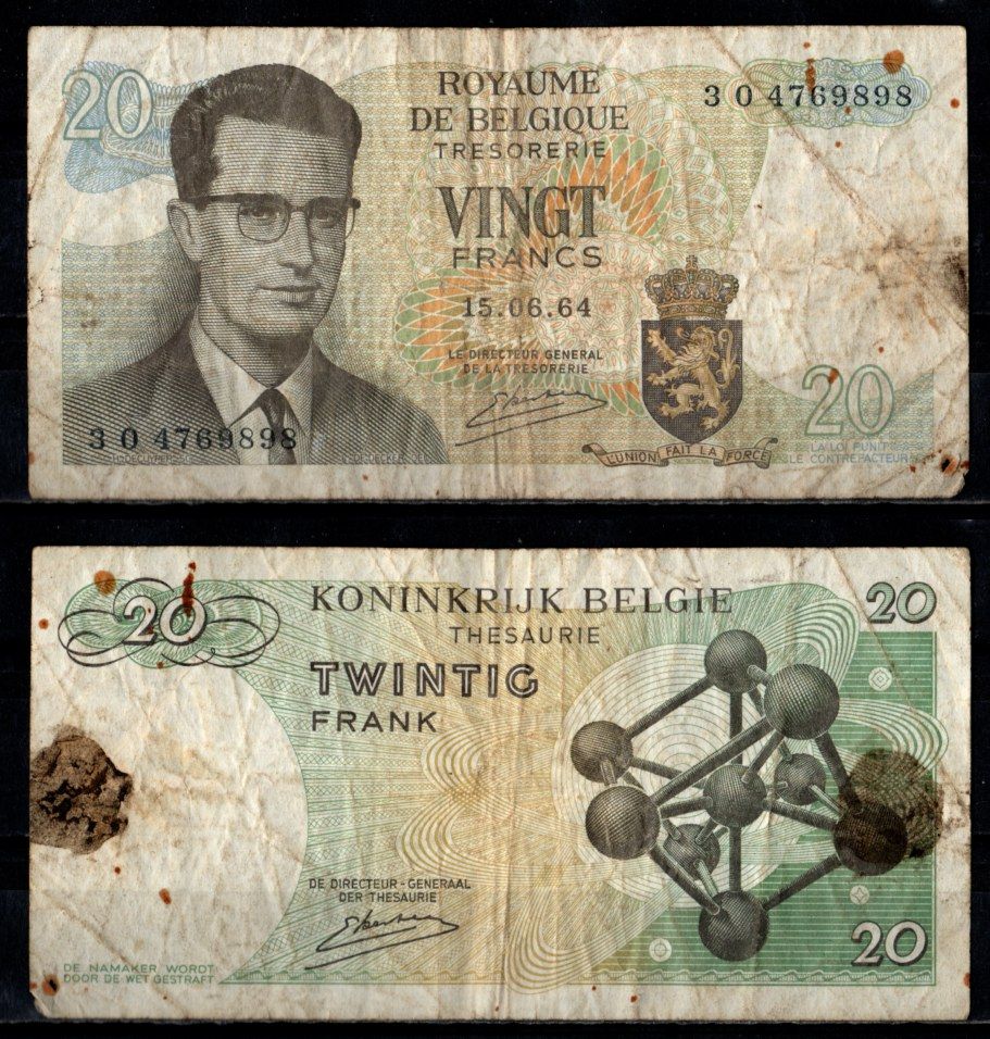 Бельгия 20 франков 1964 Pick 138 (3) бумага 7221-49-3-1