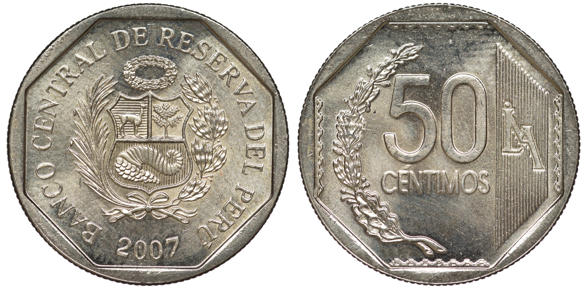 Перу 50 сентимо 2007 KM 307.4 медно-никель aUNC 4605-322