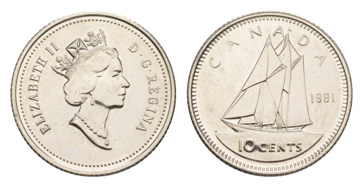Канада 10 центов 1991 Елизавета II (1952-2022), парусник KM 183 никель UNC 4639-654