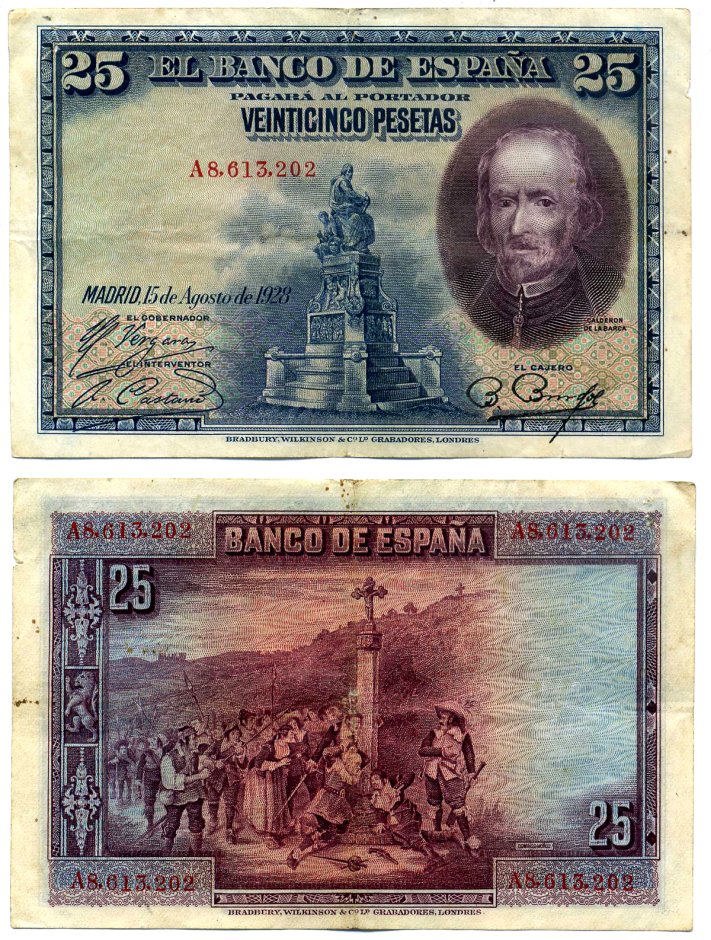 Испания 25 песет 1928 Педро Кальдерон де ля Барка, серия А8 Pick 74b бумага 8612-64-1-2