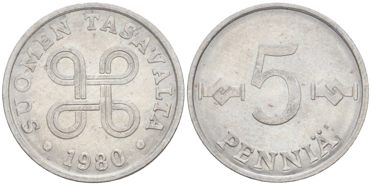 Финляндия 5 пенни 1980 KM 45а алюминий 187-443