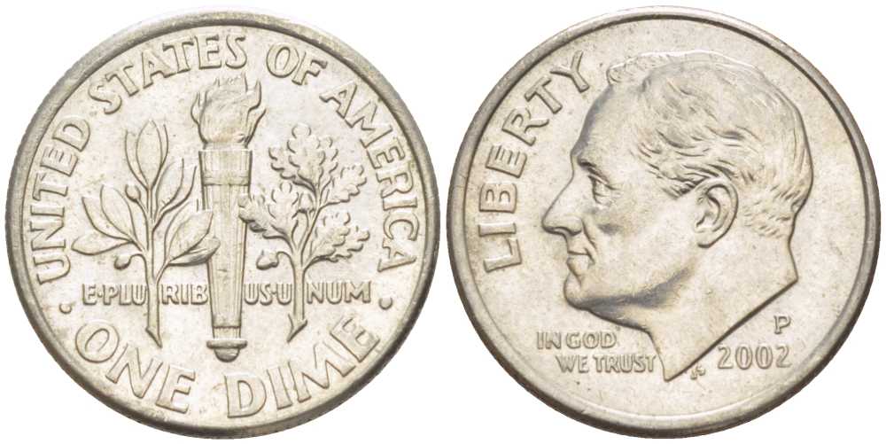 США 10 ЦЕНТОВ = 1 ДАЙМ 2002 Р, РУЗВЕЛЬТ KM 195а медь плакированная медно-никелем 211-1145