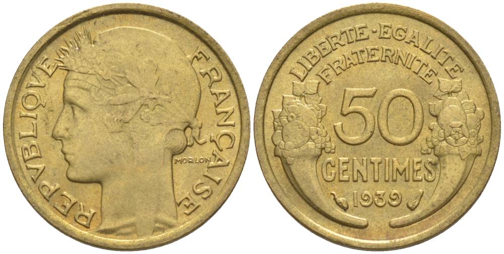ФРАНЦИЯ 50 САНТИМОВ 1939 ТИП MORLON KM 894.1, LE FRANC 192.15 алюминиевая бронза 44-767