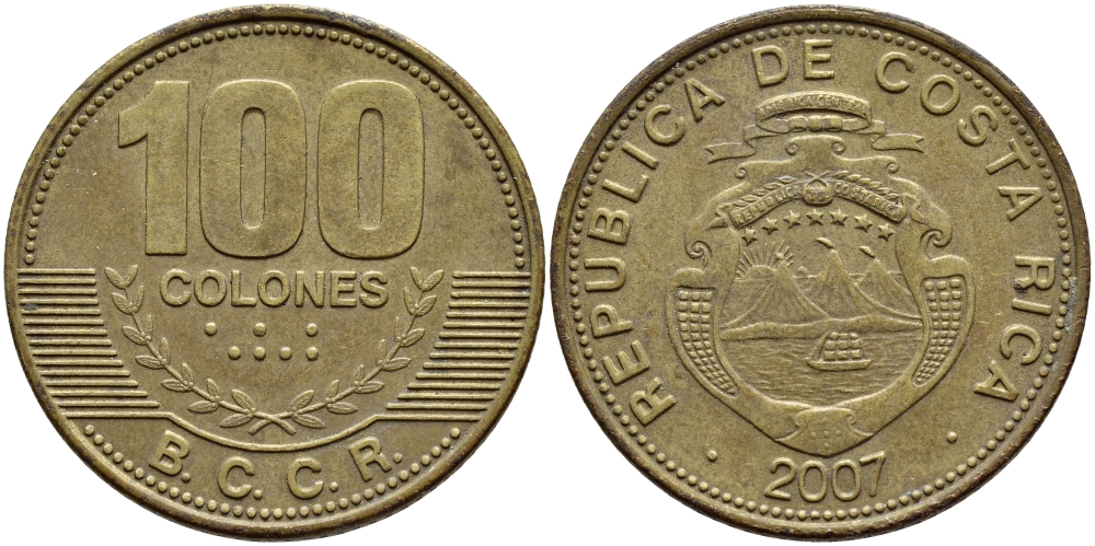 КОСТА-РИКА 100 КОЛОН 2007 B.C.C.R. KM 240а сталь плакированная латунью 59-425