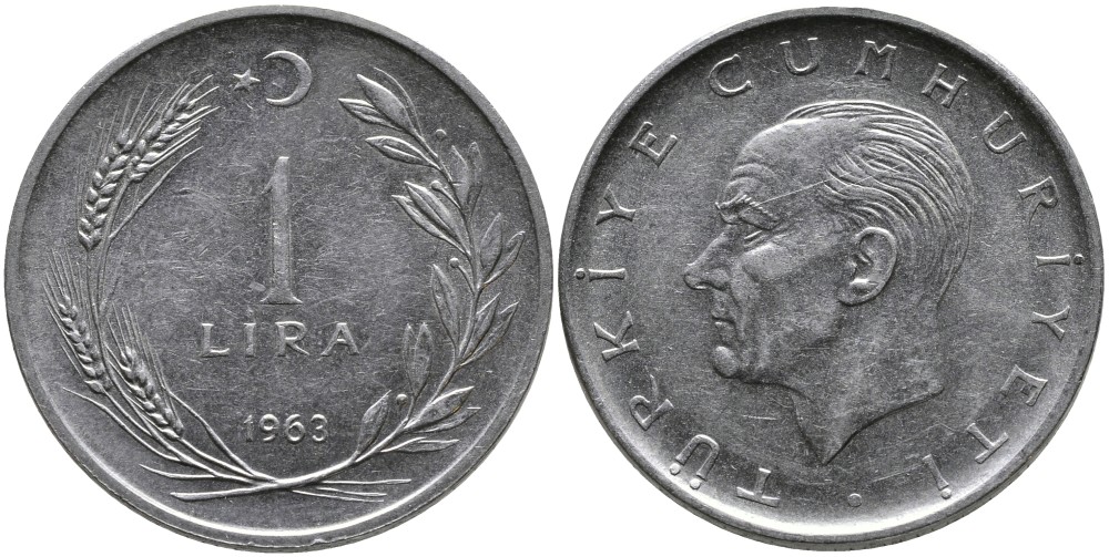 Турция 1 лира 1963 Мустафа Кемаль Ататюрк KM 889а.1 нержавеющая сталь 4541-1227