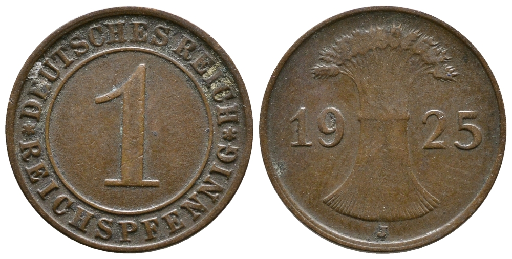 ГЕРМАНИЯ 1 РЕЙХСПФЕННИГ 1925 J KM 37, J. 313 бронза 4380-1131