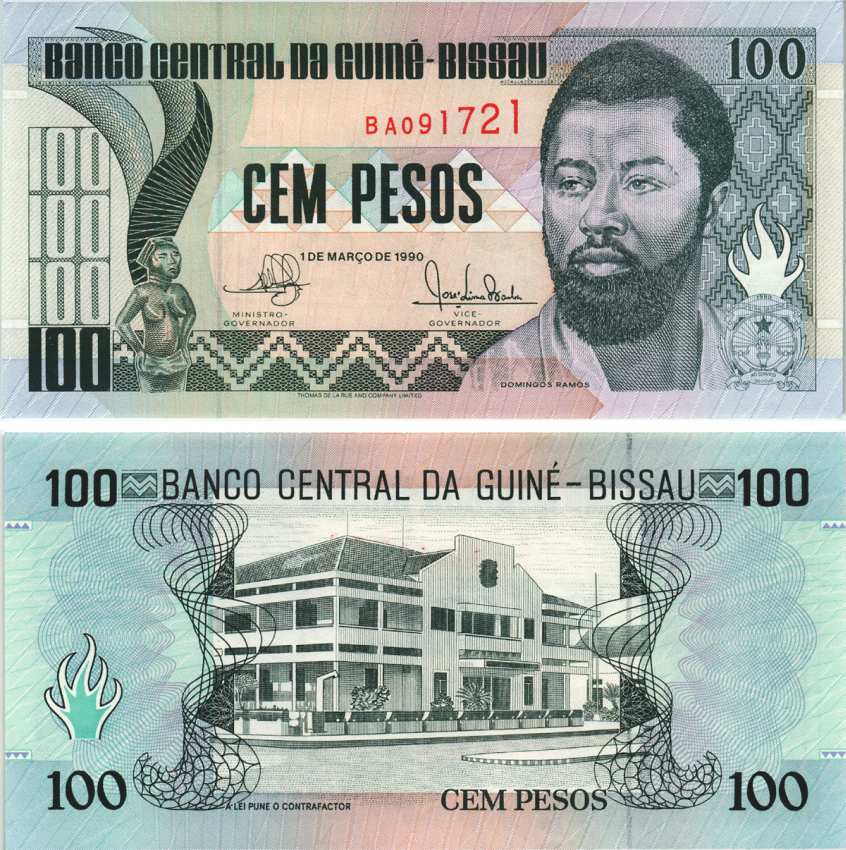 Гвинея-Бисау 100 песо 1990 Домингос Рамос, Национальный Банк, 1 марта 1990 Pick 11 бумага UNC (пресс) 8564-47-3-1