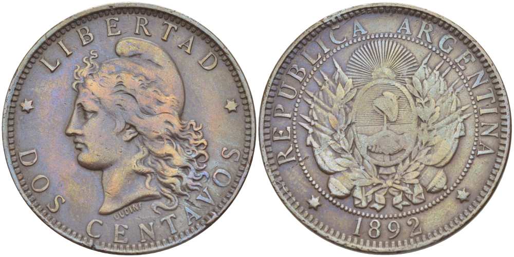 Аргентина 2 сентаво 1892 голова свободы влево KM 8 бронза 4512-734