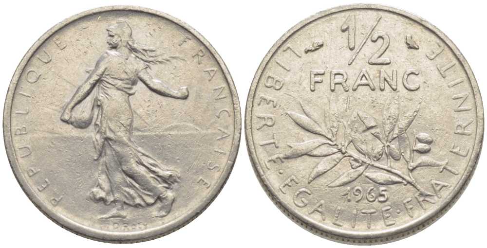 Франция 1/2 франка 1965 сеятель KM 931, Le Franc 198.3 никель 175-924