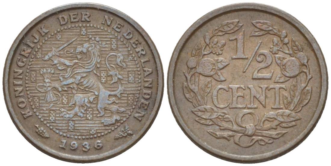 НИДЕРЛАНДЫ 1/2 ЦЕНТА 1936 ВИЛЬГЕЛЬМИНА I (1891-1948) KM 138 бронза 4547-1251