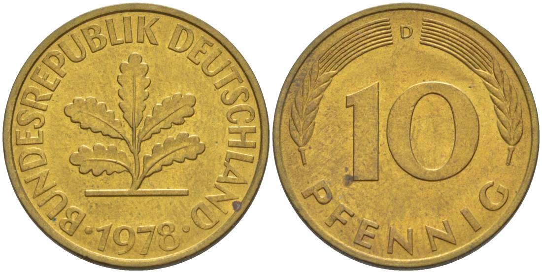 ФРГ 10 ПФЕННИГОВ 1978 D KM 108, J. 383 сталь плакированная латунью 219-521