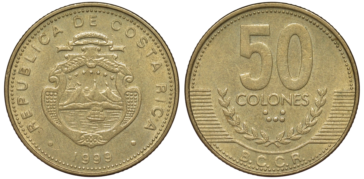 Коста-Рика 50 колонов 1999 B.C.C.R., год тип KM 231.1 латунь 62-1247