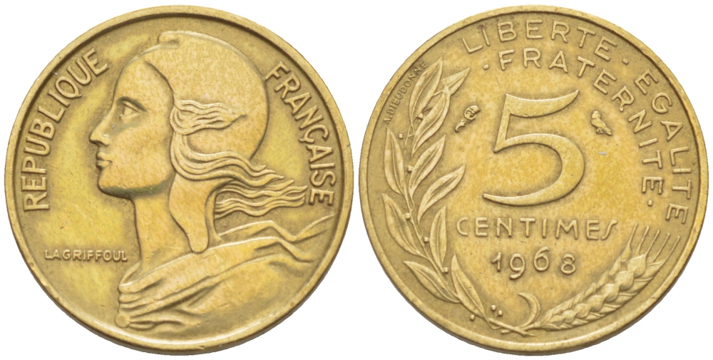 ФРАНЦИЯ 5 САНТИМОВ 1968 ТИП MARIANNE KM 933, LE FRANC 125.4 алюминиевая бронза 112-834