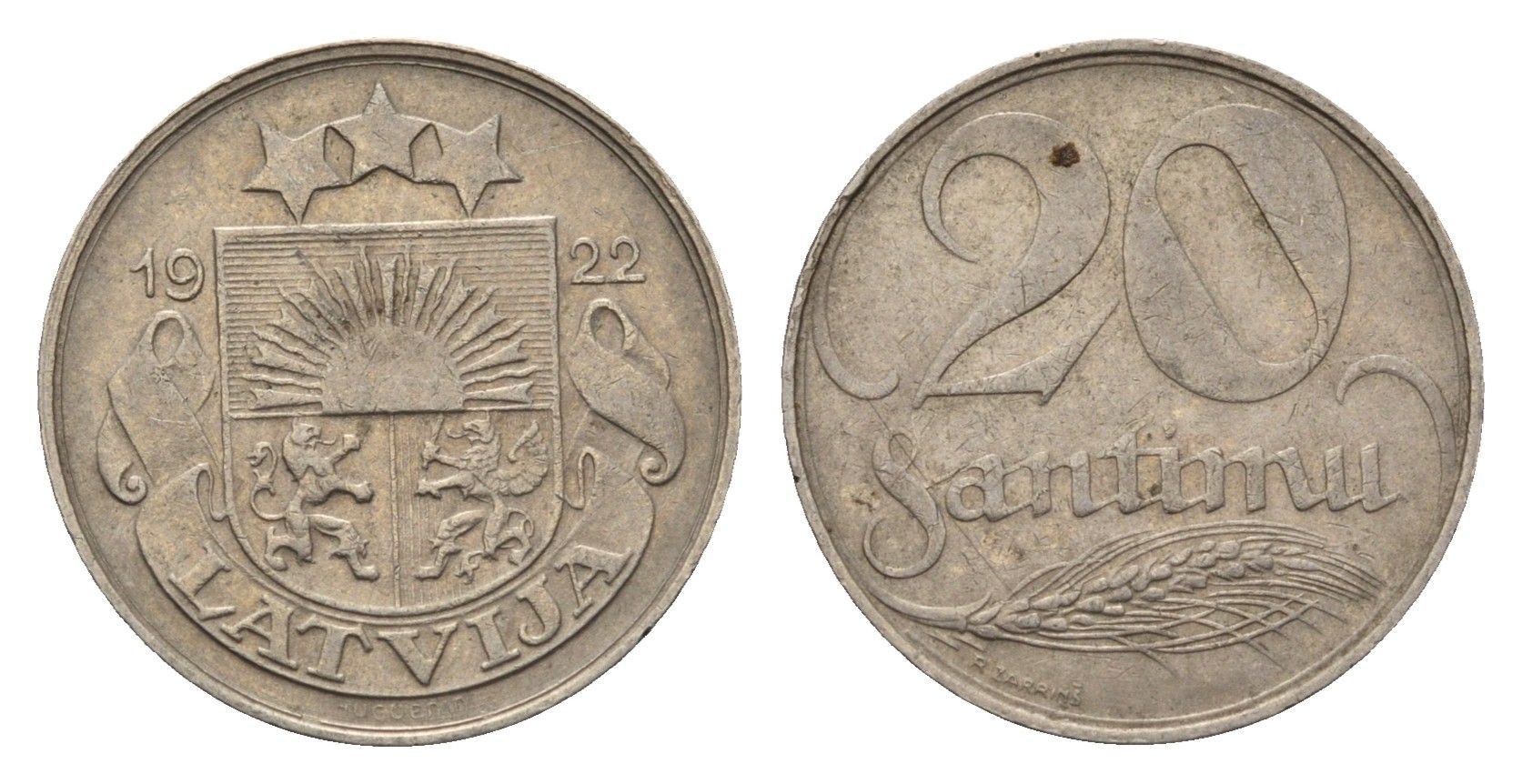Латвия 20 сантимов 1922 год-тип KM 5 никель 4689-765