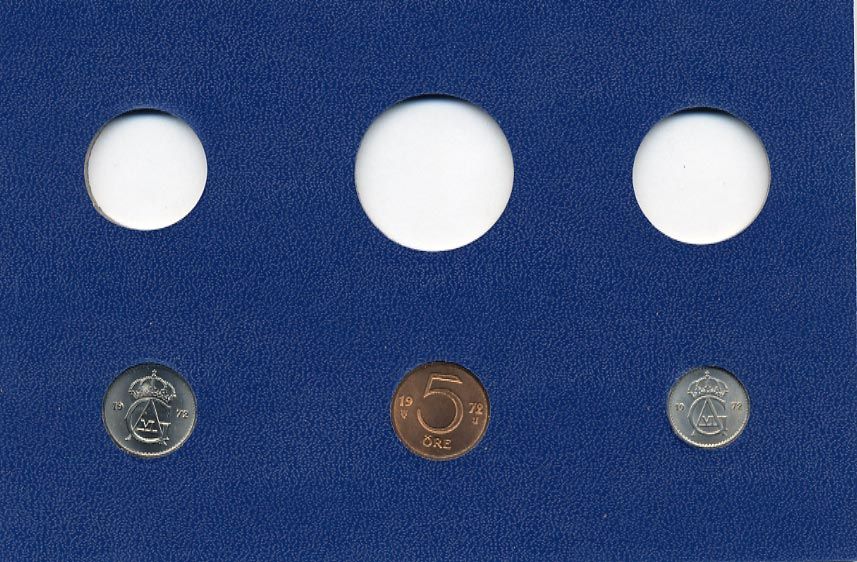 Швеция 5, 10, 25 эре 1972 Густав VI Адольф (1950-1973) в картоне набора монетного двора UNC 7-5-7-264