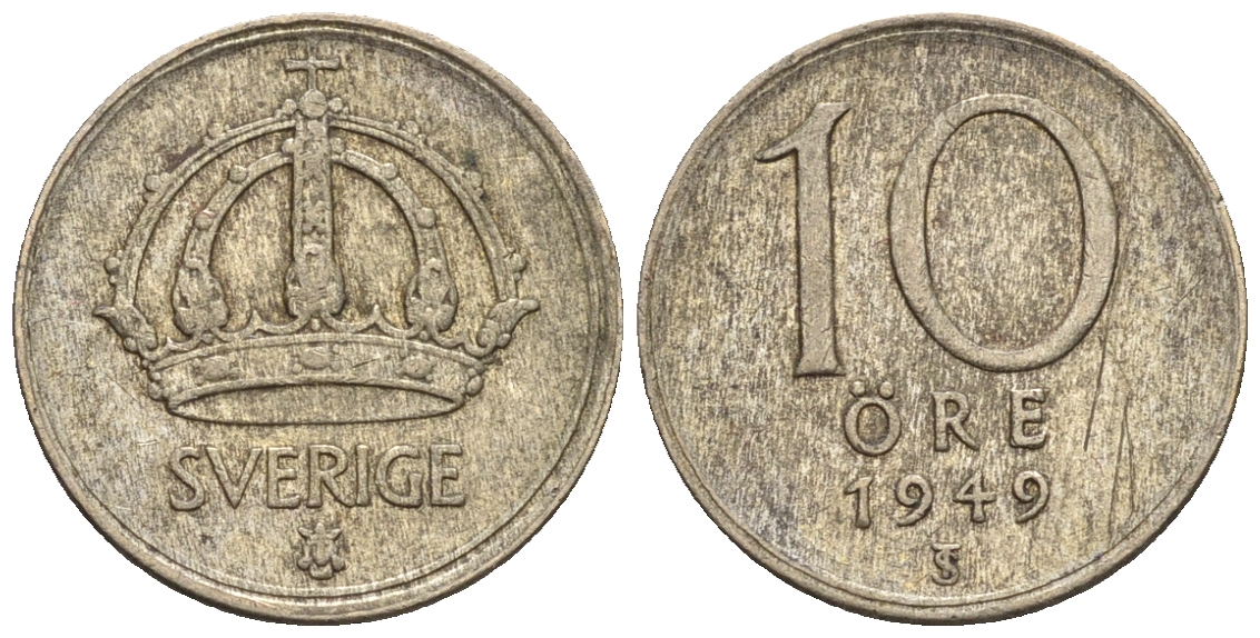 Швеция 10 эре 1949 Густав V (1907-1950) KM 813 серебро 3309-423