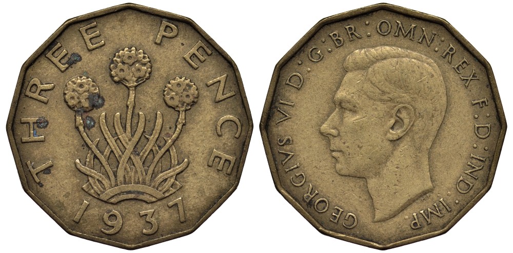 Великобритания 3 пенса 1937 Георг VI (1936-1952) KM 849, Spink 4112 никель латунь 4538-1057