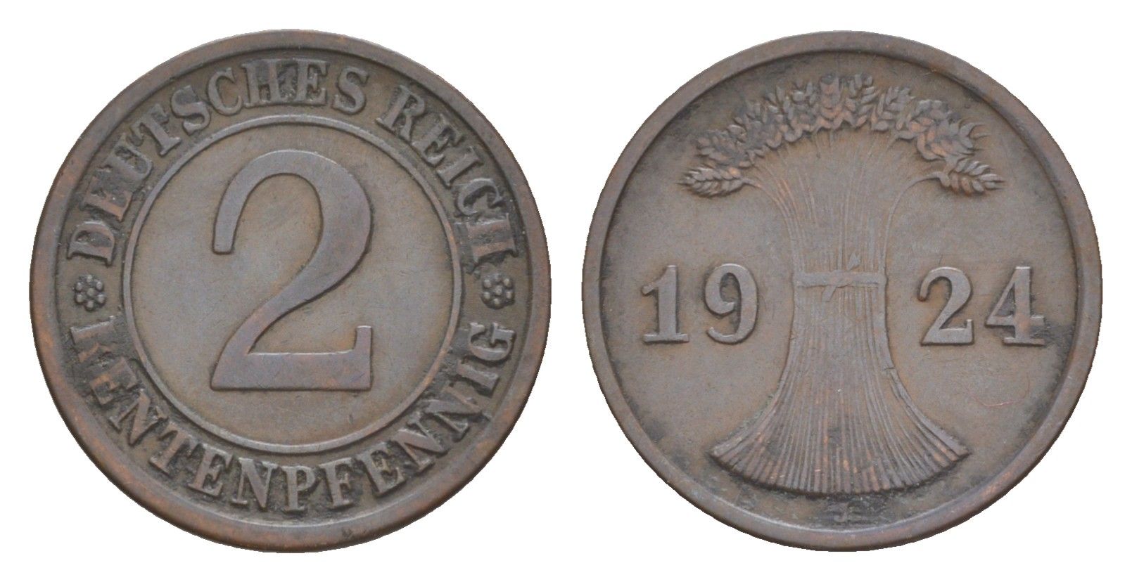 Германия 2 рентенпфеннига 1924 J KM 31, J. 307 бронза 4644-1057